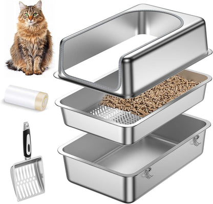 All Stainless Steel Sifting Litter Box for Pine Pellets,Sifting Cat Litter Box with Lid,High Sides Metal Sifter Litter Pan System for Big Cats,Odor Control,Easy to Clean