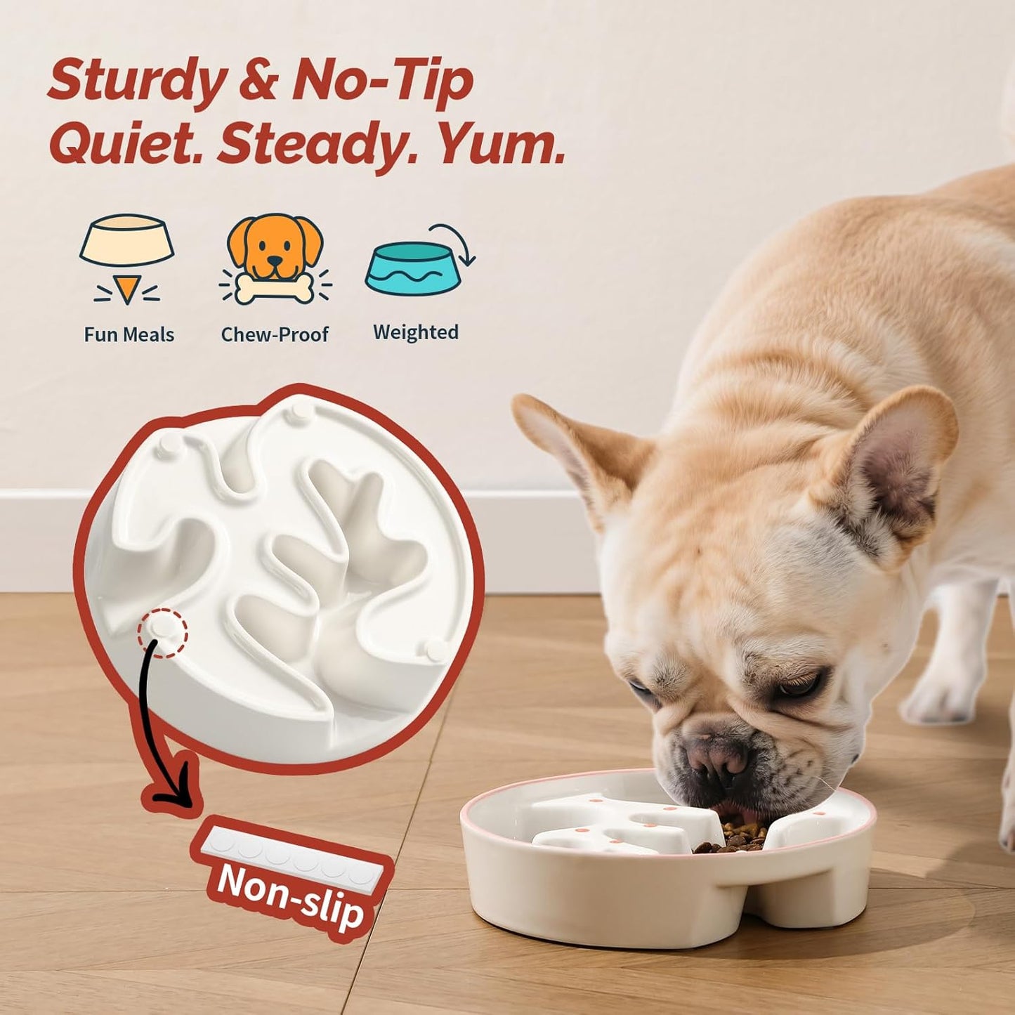 Ceramic Slow Feeder Dog Bowl - Portion Control Feeding Bowl for Medium Dogs – Cute Maze Food Dish for Fast Eaters - 3.1 Cups (310 g) - Doodle Series (Cherry)