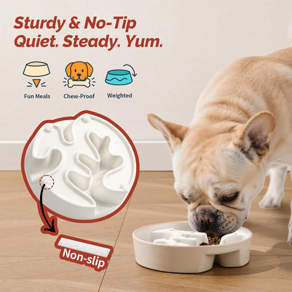 Ceramic Slow Feeder Dog Bowl - Portion Control Feeding Bowl for Medium Dogs – Cute Maze Food Dish for Fast Eaters - 3.1 Cups (310 g) - Doodle Series (Cherry)