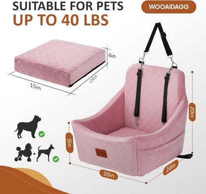 Dog Car Seat for Medium Dogs, Pet Travel Bed with Seat Belt Channel, Fully Detachable and Washable, 3 Straps Easy to Install (Pink)