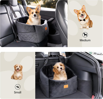 Dog Car Seat for Small Dogs, Memory Foam Dog Booster Car Seats with Thick Cushion for Dogs Under 30lbs, Detachable Washable Pet Travel Bed with Storage Pockets and 2 Safety Belt