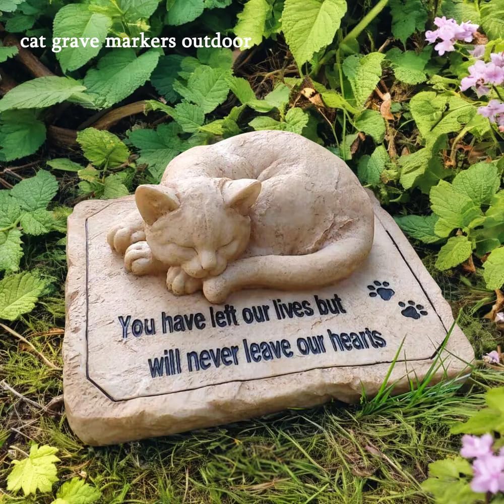 Cat Memorial Stones Grave Markers with A Sleeping Cat Statue on The Top - Cat Garden Stones Grave Stones Cemetery Markers Sympathy Cat Memorial Gifts Loss Gifts Outdoors, 8.5"x7"x3.5"