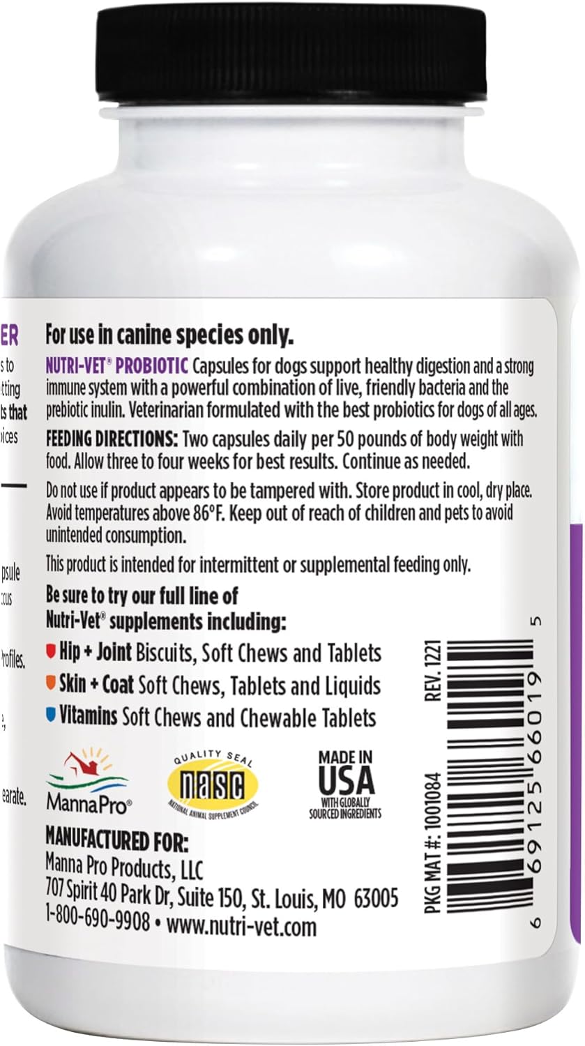 Nutri-Vet Probiotics for Dogs, Supports Digestive Health, Dog Probiotics, Promotes Healthy Immune System, Vet Formulated, Gut Health, Puppy Supplies, 60 Count Capsules