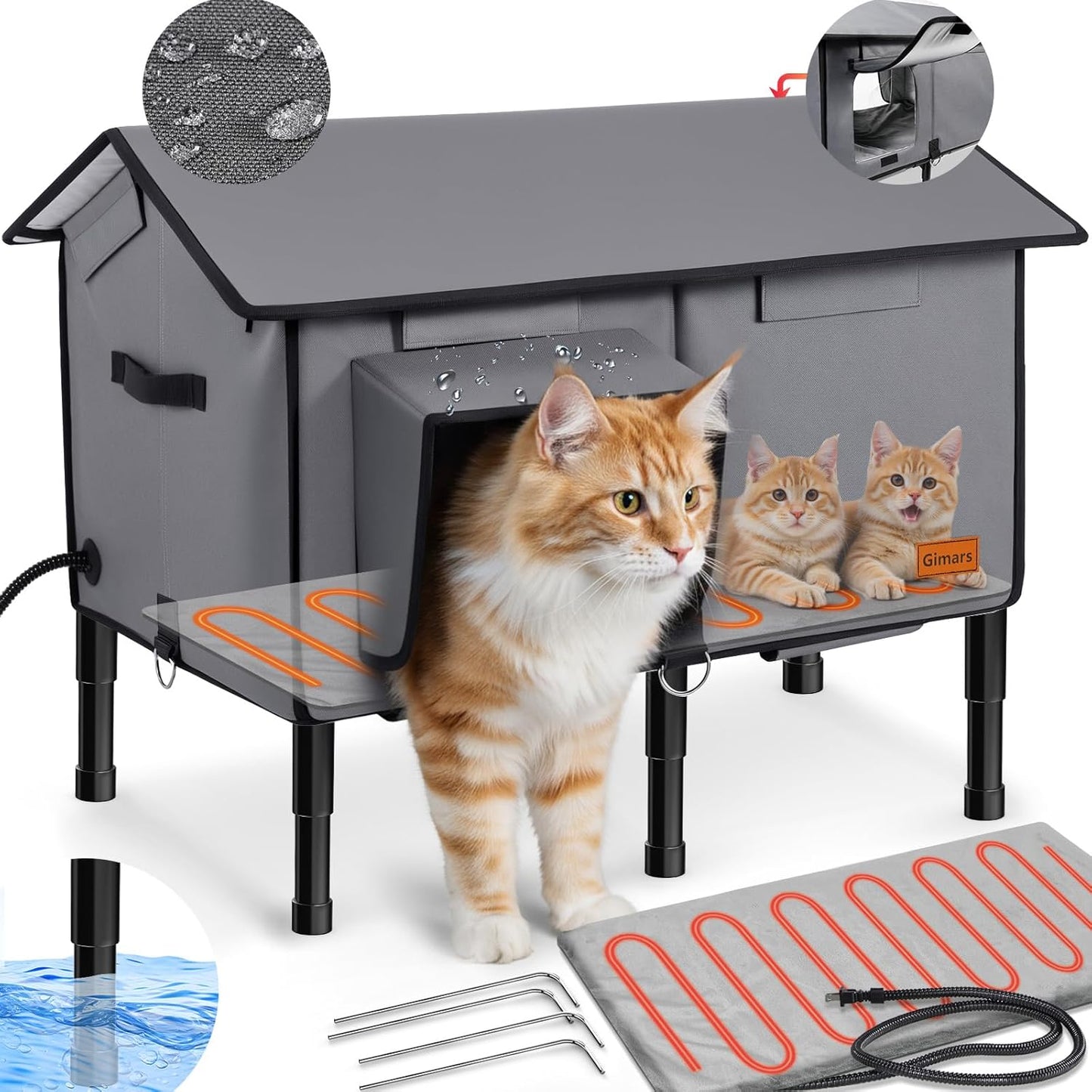 Gimars Upgraded Pitched Roof Indestructible Heated Cat House for Outdoor Cat with Safe Escape Door, 100% Weatherproof Winter Cat Shelter 5.1" Elevated Insulated Stray Feral Cat House with Soft Heater