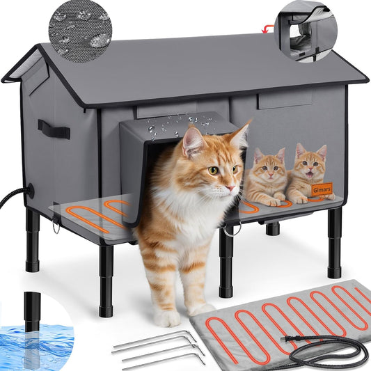 Gimars Upgraded Pitched Roof Indestructible Heated Cat House for Outdoor Cat with Safe Escape Door, 100% Weatherproof Winter Cat Shelter 5.1" Elevated Insulated Stray Feral Cat House with Soft Heater