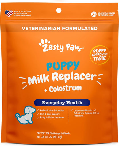 Zesty Paws Puppy Milk Replacer + Colostrum - Milk Replacement Supplement Powder for Puppies & Senior Dogs - Omega 3 DHA, Prebiotics & Probiotics for Dogs - for Skin, Coat, Heart & Gut Health - 12 oz…