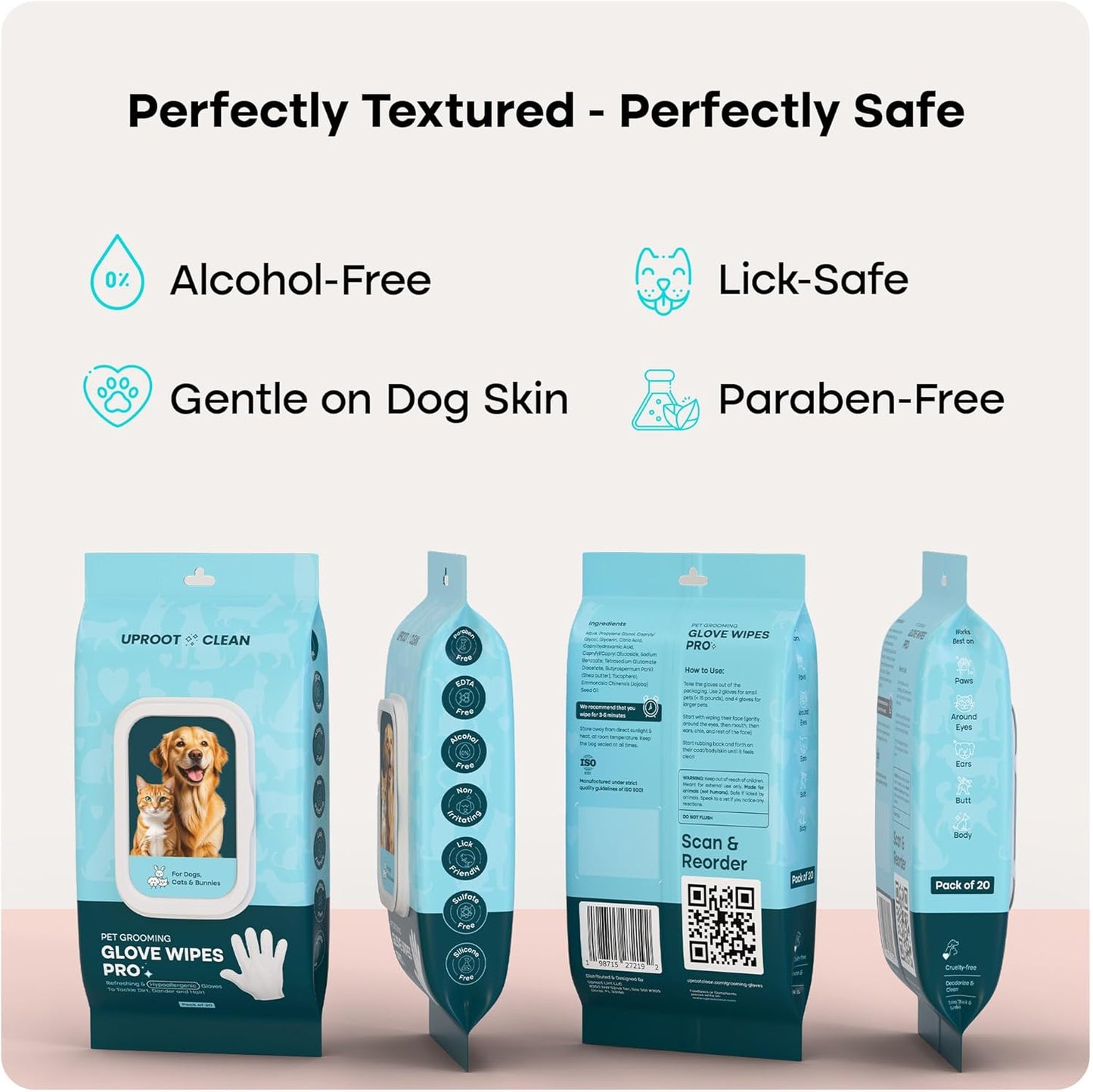 Uproot QuickClean Gloves Pro: Extra-Thick Pet Glove Wipes for Dogs & Cats - Easy Wipe Paws, Eyes, Ears, Butt, & Body - Lick-Safe for Cats & Dogs - Cleaning, Deodorizing & Grooming (20 Pack)