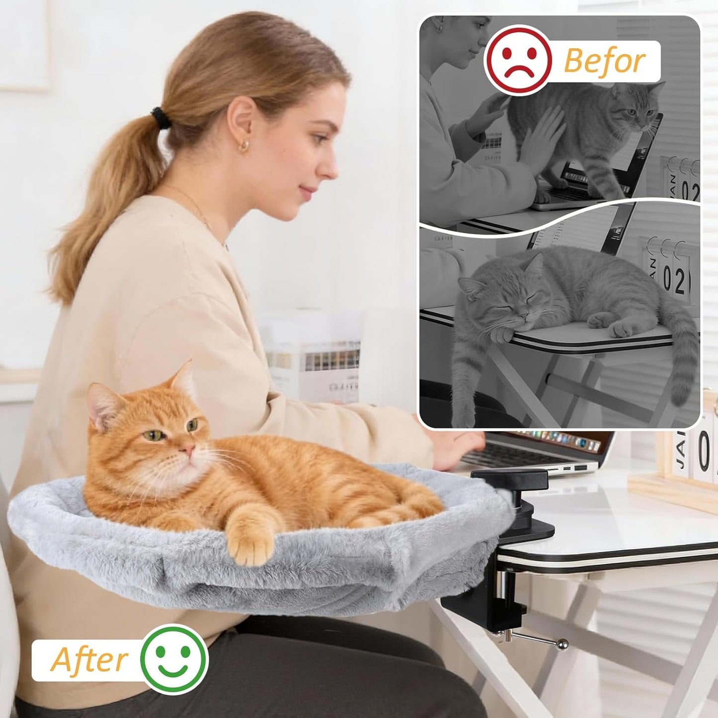 Topmart Cat Desk Bed with 360° Rotating, Cat Hammock for Desk with 2 Washable Pads, Easy to Install, Kittens Bed for Desk Attachment for Home Office,Up to 45LBS, Grey & Black