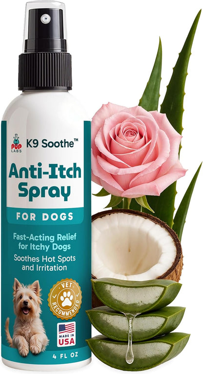 K9 Soothe Anti Itch Spray for Dogs with Aloe, Rose, & Coconut, Natural Hot Spot Treatment for Dogs That Soothes Irritation, Pet Skin Treatment Spray, 4 FL OZ