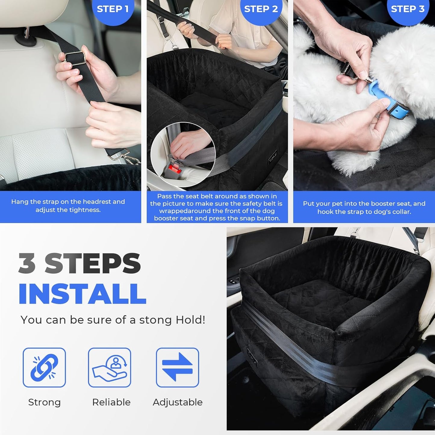 Dog Car Seat for Small Dogs, Washable Dog Car Bed Under 30lbs, Pet Booster Seat Travel Carseats with Reinforced Safety Straps,Clip-on Leash and Storage Pockets