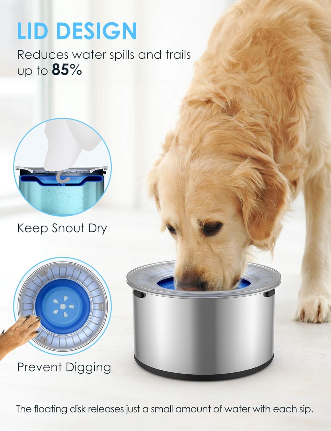 1Gallon Large Dog Water Bowl No Spill, [Anti Digging Lid & Rubber Bottom] Spill Proof Dog Bowl, Anti Splash Mess Dripless Slow Drinking Stainless Steel Water for Sloppy Messy Drinkers Car