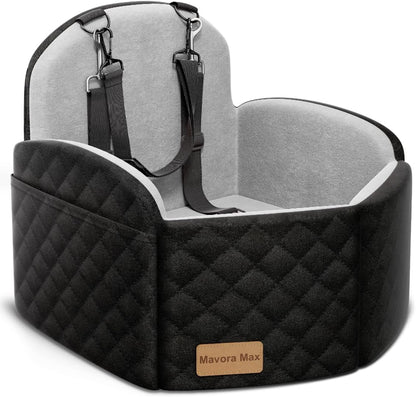 Dog Car Seat for Small/Medium Dogs, Elevated Dog Booster Seat Memory Foam Puppy Car Seat with Washable Cover, Travel Safety Pet Seat Bed for Car with Storage Pockets Up to 35 lbs (Black/Grey)