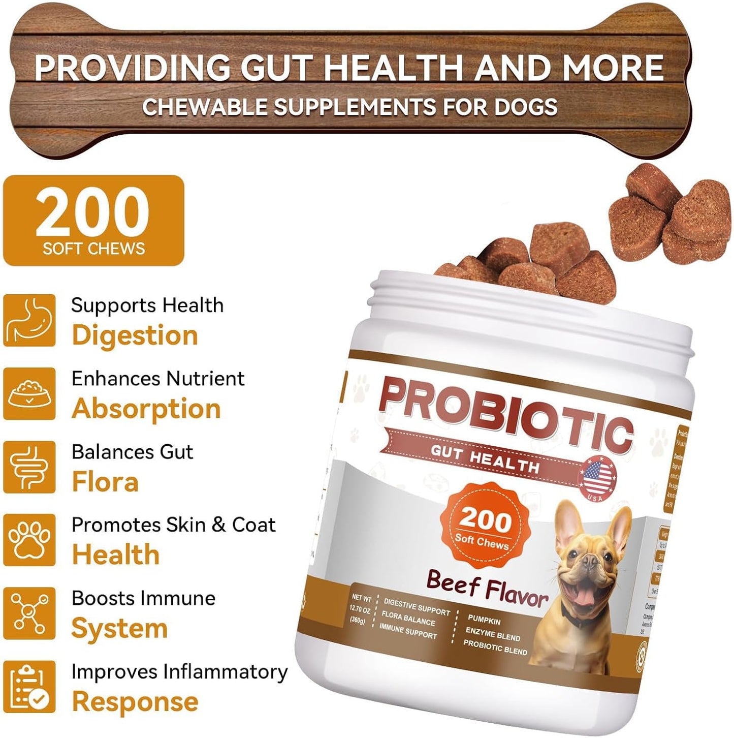 Probiotics for Dogs - 200 Count Probiotic Soft Chews for Dogs with Enzymes & Prebiotic - Digestive Enzyme Blend for Gut & Immune Support - Beef Flavor
