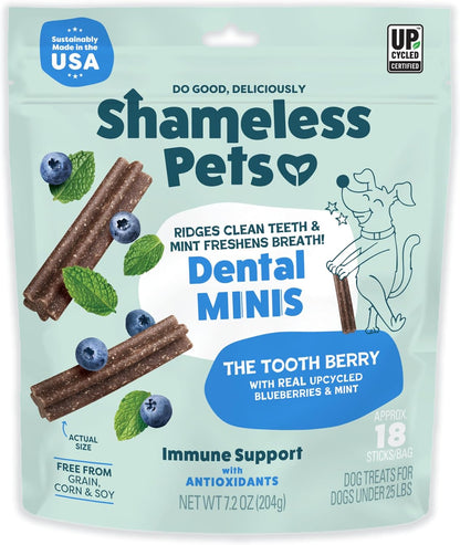 Shameless Pets Toothberry Dental Mini Chews for Dogs – Natural Dog Dental Sticks for Fresh Breath, Teeth Cleaning & Removes Tartar, Grain-Free Dog Treats, No Corn or Soy
