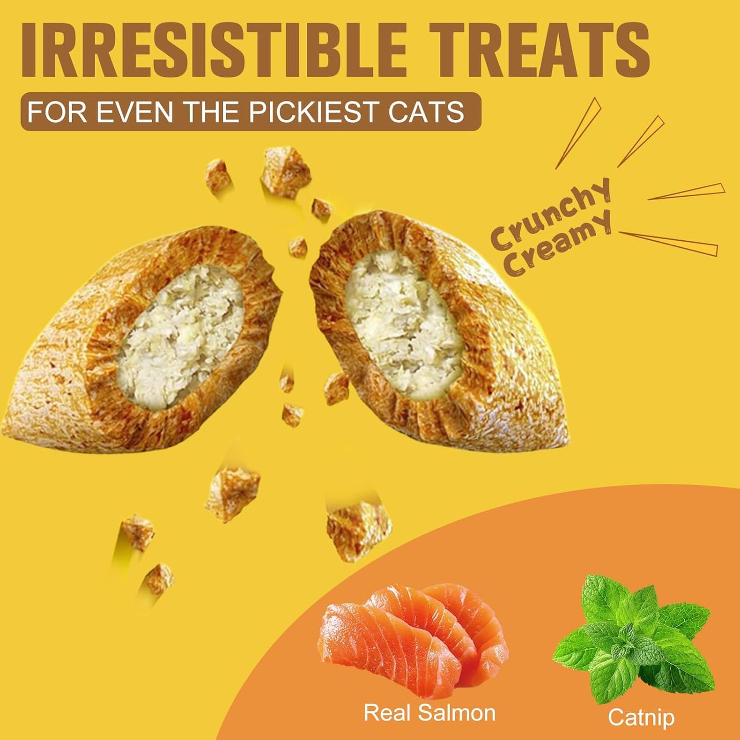 Natural Crunchy & Soft Cat Treats for Indoor Cats - Catnip & Salmon Flavor, Cat Snacks with Real Salmon, Dental Care & Digestive Support, Healthy Training Treats for Cats & Kittens