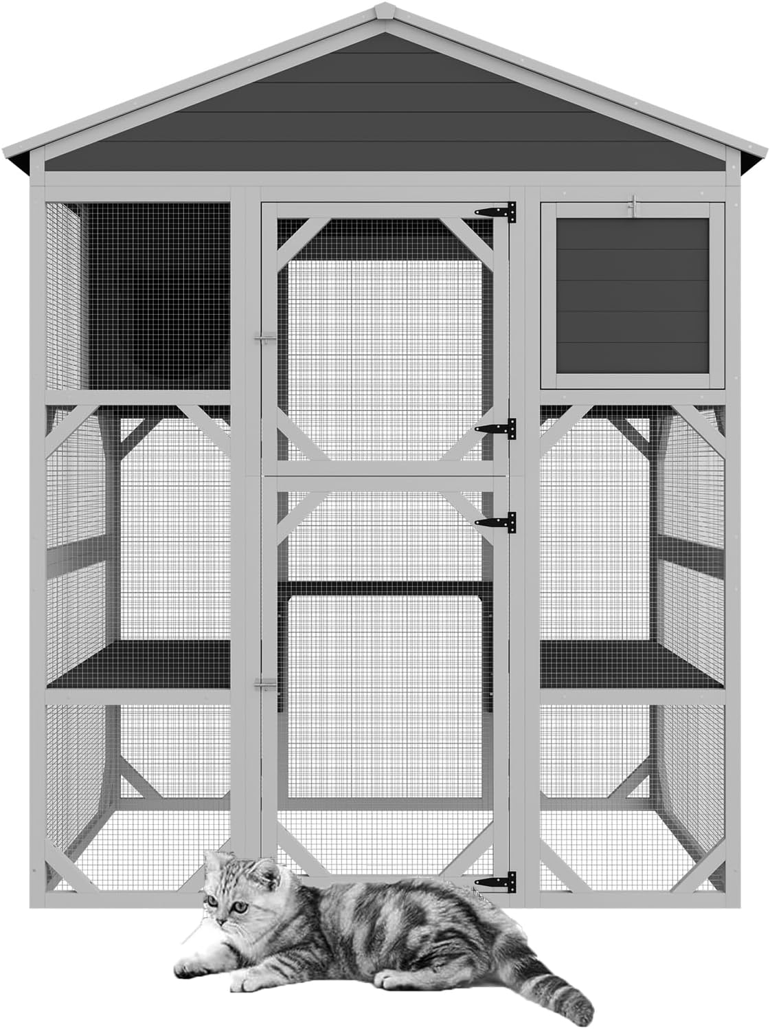 71" Large Wood Catio Outdoor Cat Enclosure, Outdoor Cat Cage with Weatherproof Roof,Wooden Walk in Cat Shelter 3 Platforms & 2 Resting Box (Brown+White)