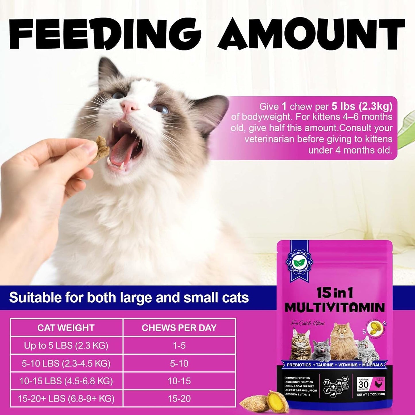 15 in 1 Cat Multivitamin Cruchy & Creamy Chews, Cat Treats for Immune + Digestive, Skin & Coat, Heart & Brain, Energy & Vitality Support, Vitamin for Cats with Omega 3 & Prebiotics(30 Day Supply)