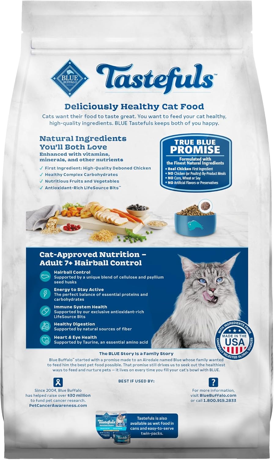 Blue Buffalo Tastefuls Natural Dry Food for Adult Cats 7+, Hairball Control, Chicken & Brown Rice Recipe, 7-lb. Bag