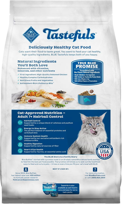 Blue Buffalo Tastefuls Natural Dry Food for Adult Cats 7+, Hairball Control, Chicken & Brown Rice Recipe, 7-lb. Bag