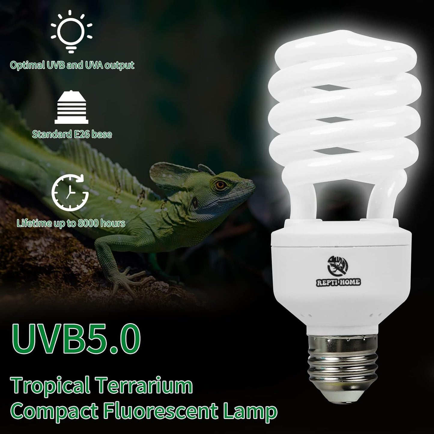 UVB Reptile Light 5.0, 13W Tropical and Sub-Tropical UVA UVB Bulb for Reptiles, Tropical Terrarium Compact Fluorescent Lamp, Reptile UVB Light Bulb for Chameleons, Iguanas and Turtles