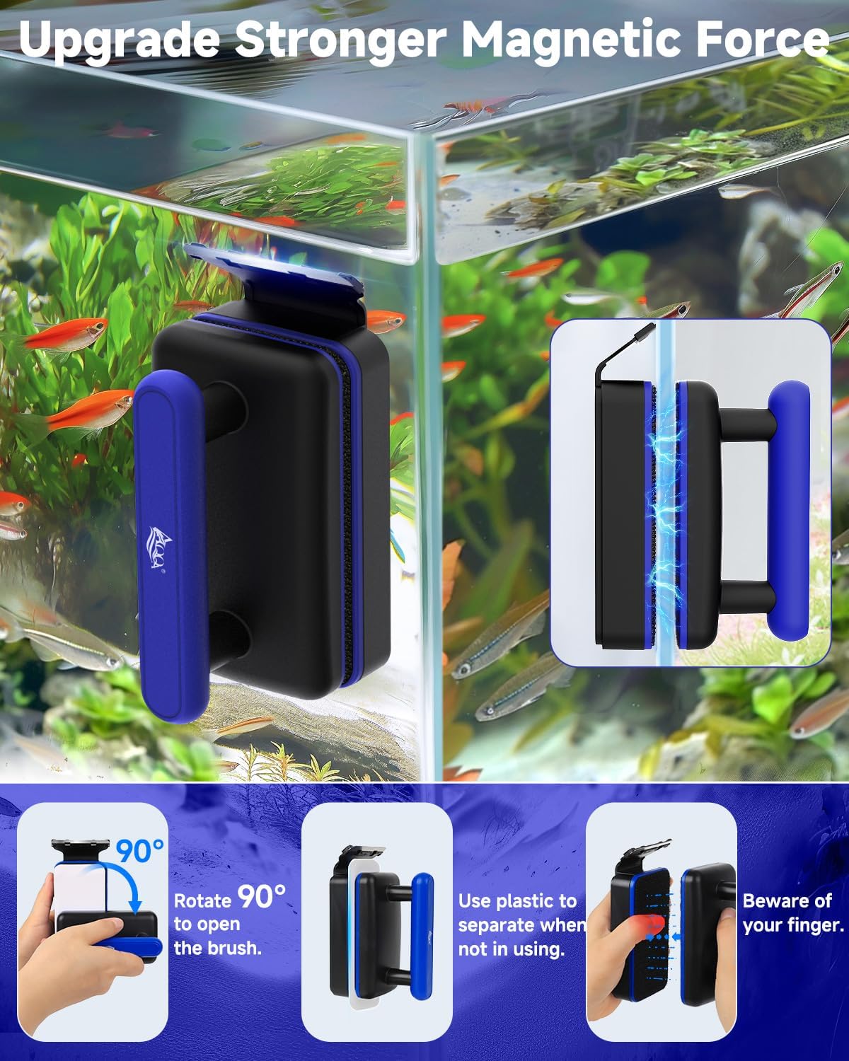AQQA Magnetic Aquarium Fish Tank Glass Cleaner, Dual-Blades Algae Scraper Glass Cleaner Scrubber, Double Side Floating Aquarium Magnetic Brush for 0.2-0.4 Inch Thick Glass Aquariums Tank (M)
