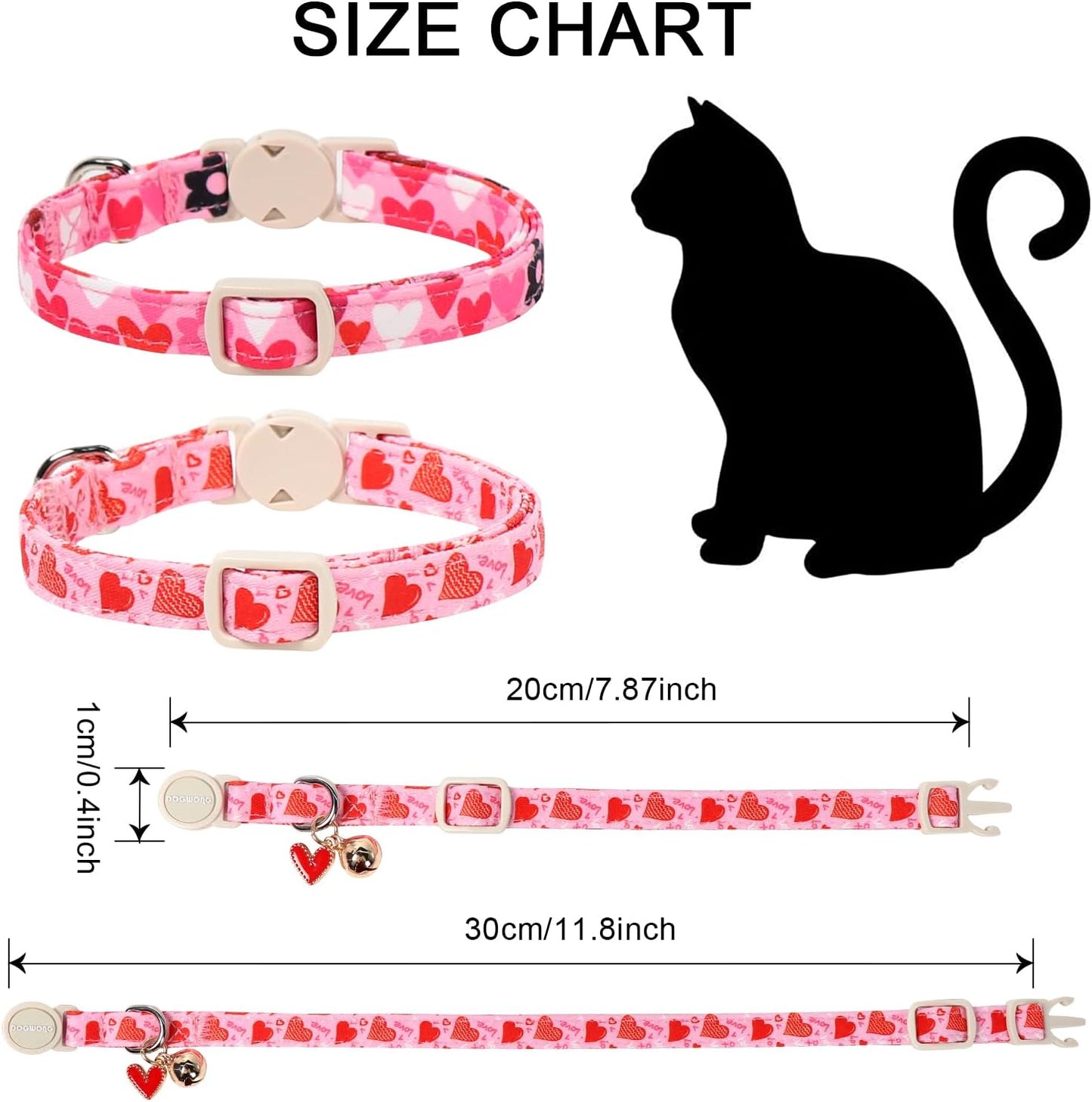 2 Pack Cat Collars Breakaway with Bell, DOGWONG Safety Buckle Valentine's Day Cat Collar Pink Heart for Girl Boy Cats and Small Dogs，Adjustable 7-12 Inch,Pet Supplies Accessories