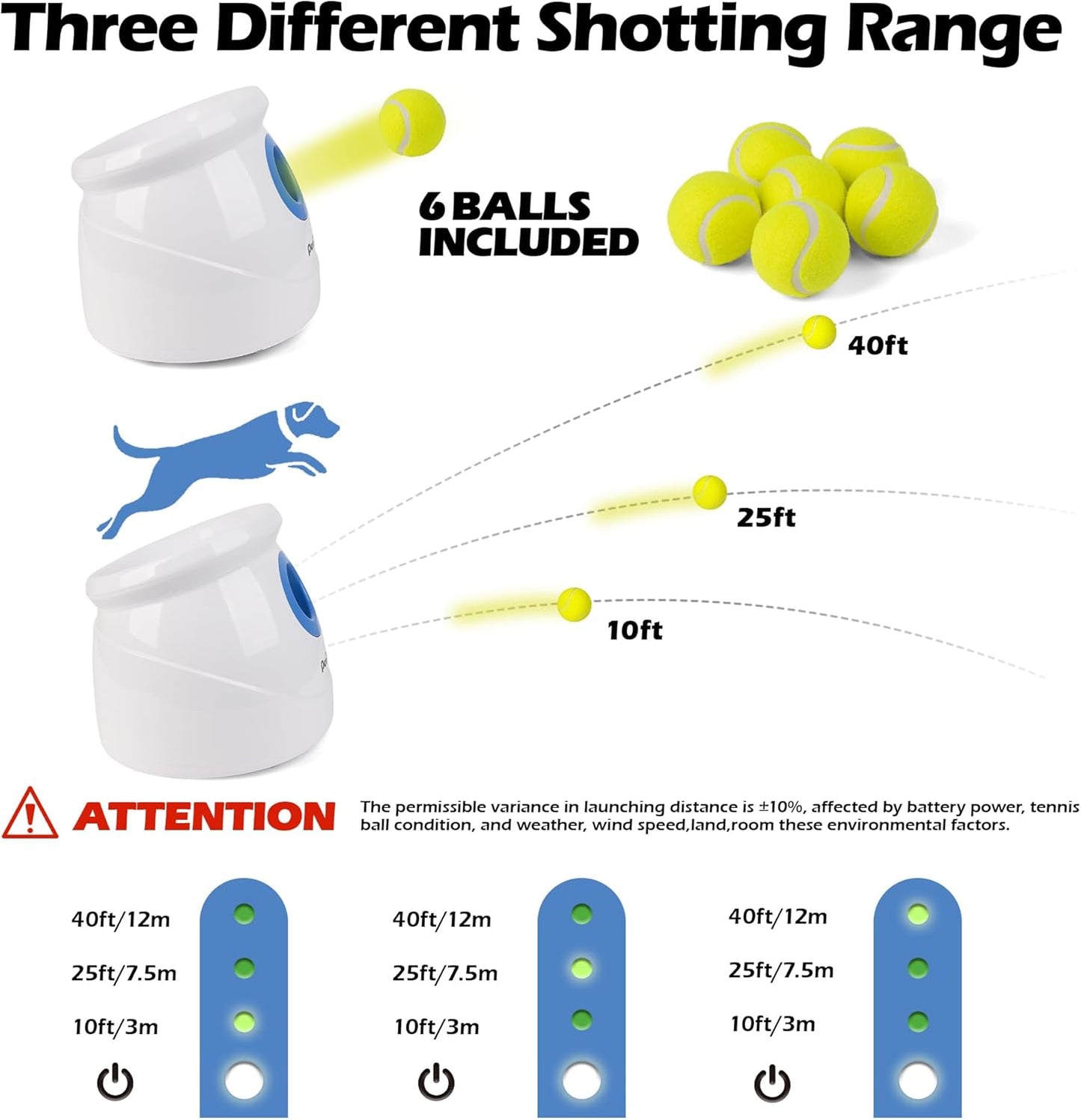 Pet Prime Dog Automatic Ball Launcher for Large Dogs Ball Thrower Machine Outdoor Indoor Use Interactive Dog Toy Adjustable Distance 10-40ft - Included 6 PCS 2.5” Tennis Balls and a Whistle