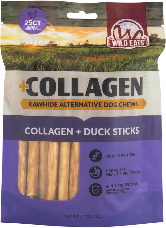 Wild Eats Real Duck Collagen Sticks for Dogs (25 Pack,5 Inch) Long Lasting Dog Chews No Hide Dog Treat Bully Stick Rawhide Free,Grain Free,High Protein