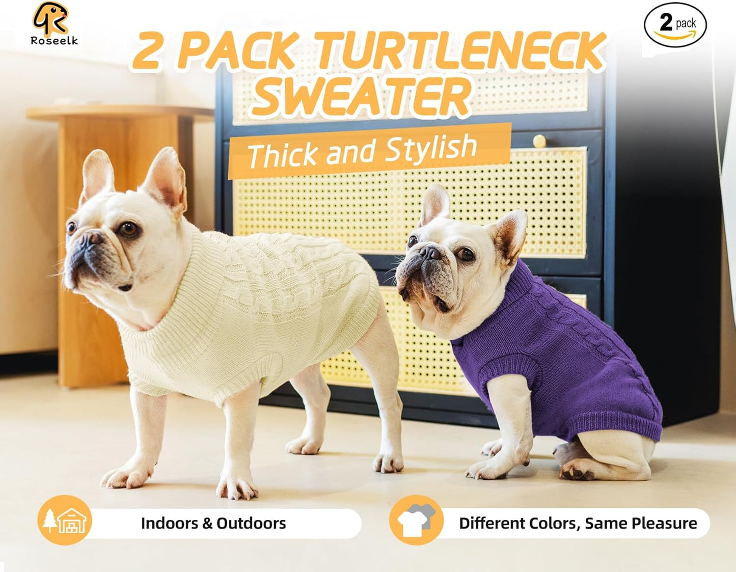 2 Pack Dog Sweaters for Small Dogs - Puppy Medium Warm Clothes in Winter, Turtleneck Pullover Design for Boy Girl Pet, Doggie, Cat, Kitten Chihuahua Bulldog Pug Beagles (S, Purple, Beige)