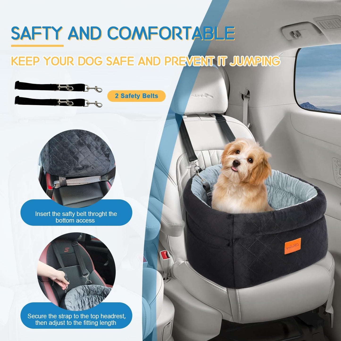 Cozy Dog Car Seat for Small Dogs Up to 30lbs, Elevated Memory Foam Booster Seat, Pet Travel Bed with Washable Removable Cover & Storage Pockets (Black)