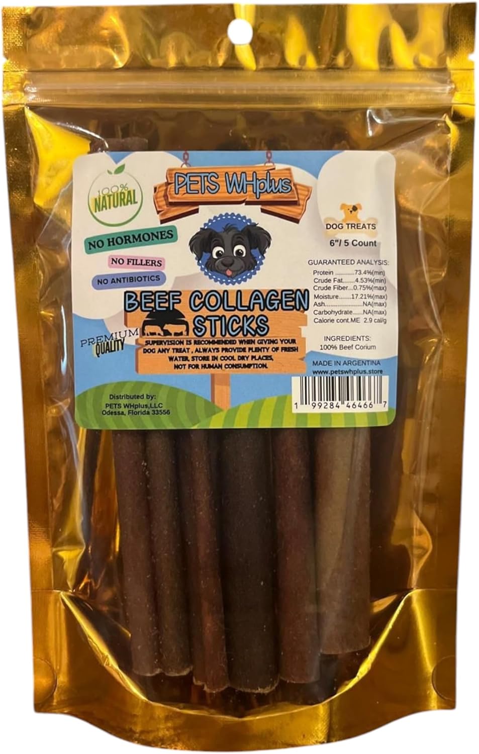 Pets WH Plus-Premium High Collagen Beef Dog Chews, 100% Natural, Single Ingredient, Grass-Fed Beef, 6” Sticks, 5 Count | Long-Lasting, Grain-Free, Rawhide-Free, Supports Joint Mobility & Dental Health