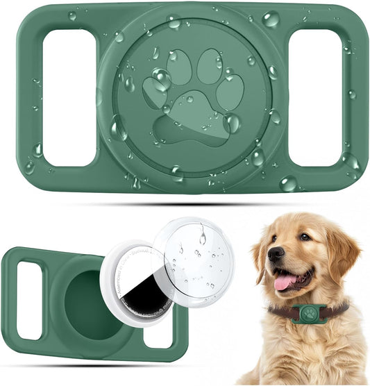 Suitable for Airtag Pet Collar Holder with Plastic Shell, Silicone Waterproof Dog & Cat Collar Holder for Apple for Airtag, Easy Installation (Single Pack | Forest Green)