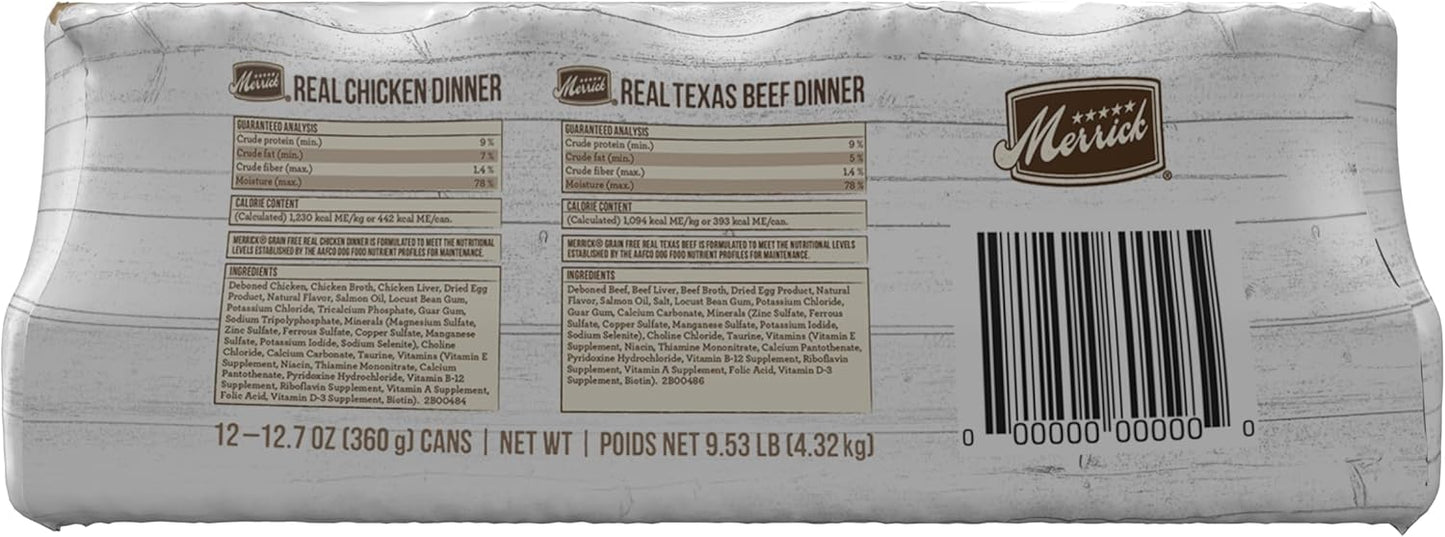 Merrick Grain Free Premium and Natural Canned Dog Food, Soft and Healthy, Real Beef and Chicken Variety Pack - (Pack of 1) 9.5 lb. Cans