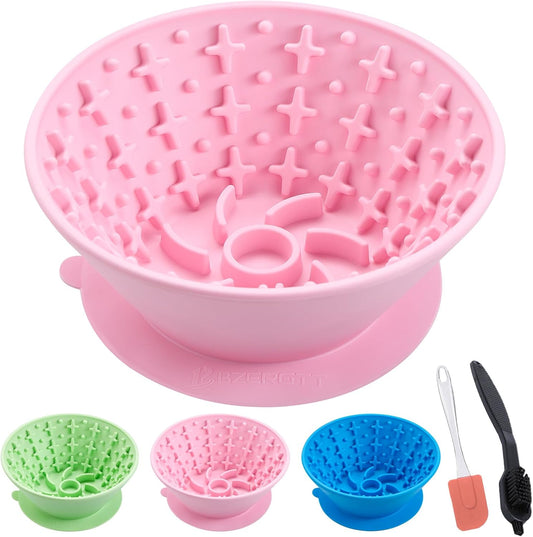 Dog Lick Bowl – Silicone Lick Mat for Dogs with Freeze Bone, Slow Feeder, Non-Slip Base, Includes Brush & Scraper, Large Opening for Anxiety Relief & Oral Health, Ideal for Frozen Treats (Pink)-Large