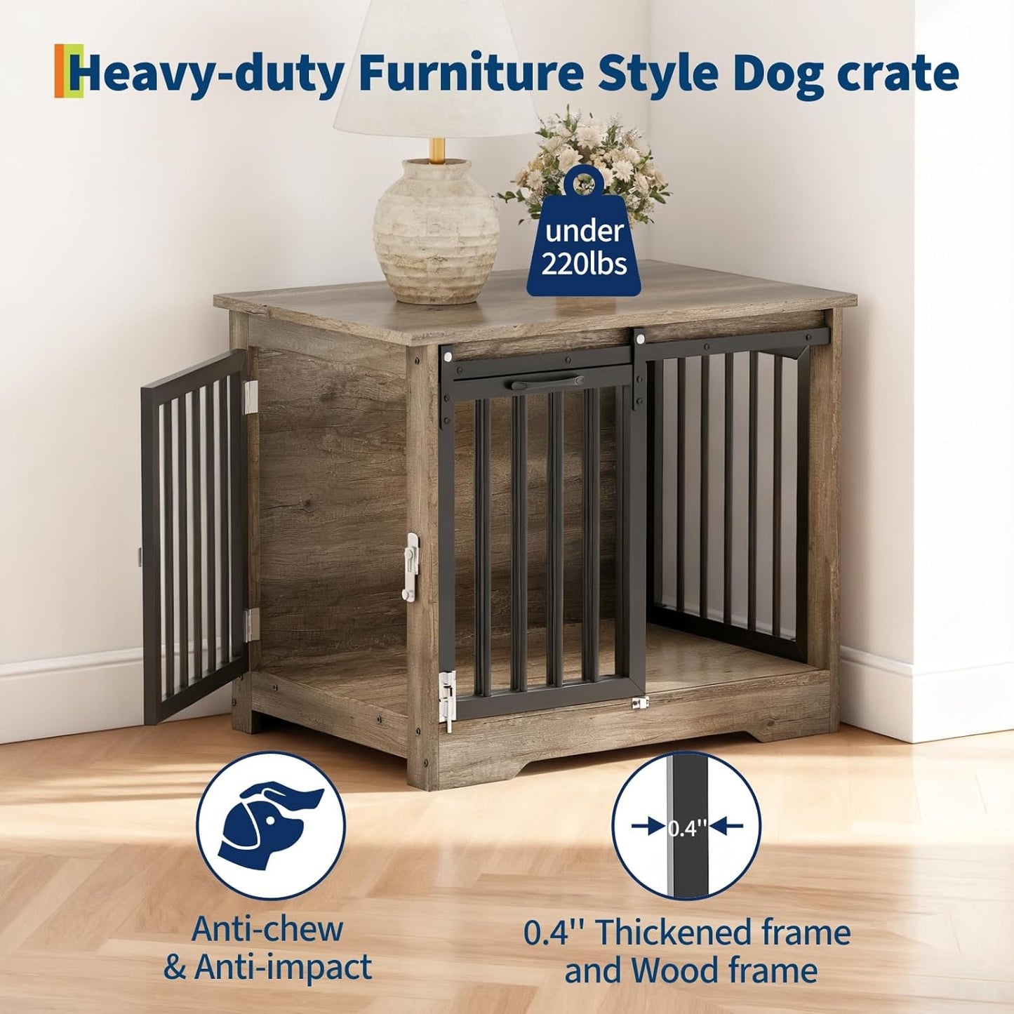 32" Dog Crate Furniture with Barn Doors for Small & Medium Dogs, Wooden Indoor Pet Kennel Furniture, Double Door Dog Cage & Side Table, Heavy Duty Chew & Escape Resistant