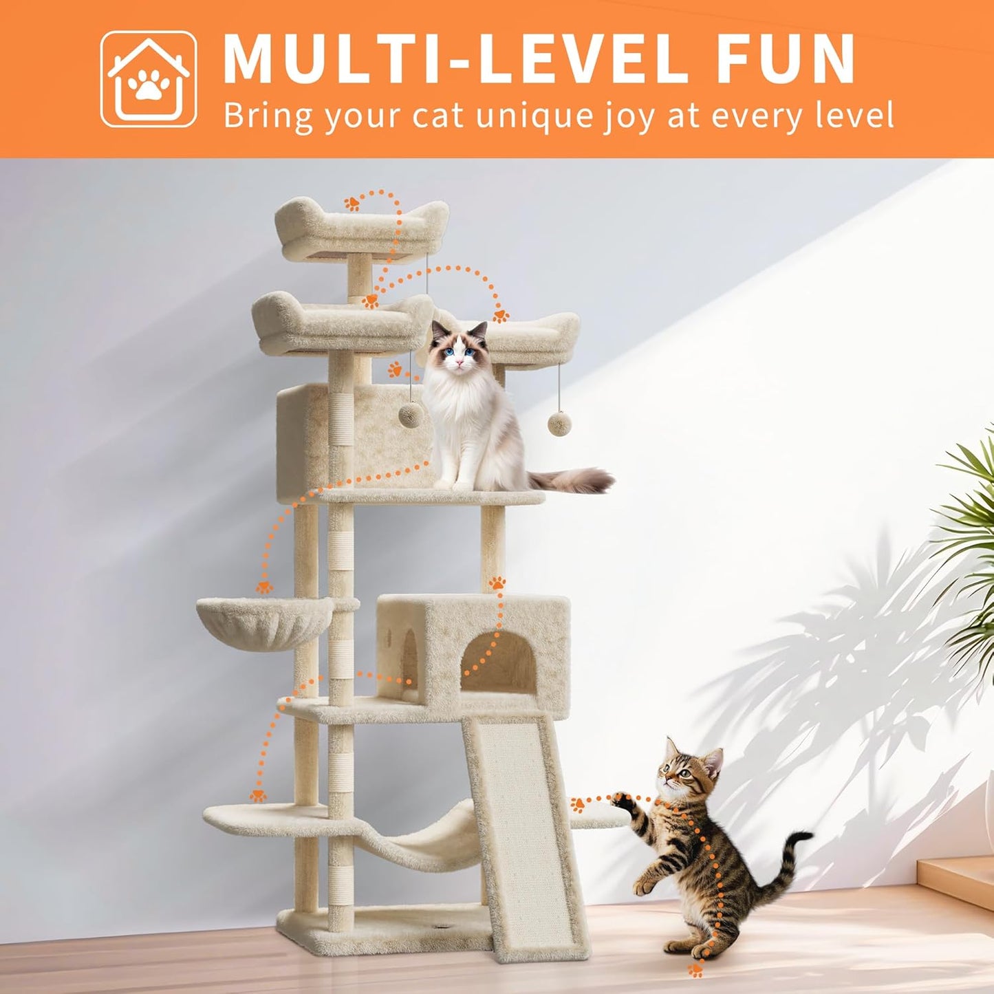 68.5" Heavy Duty Multi-Level Cat Tree Tower for Large Indoor Cats 20 lbs+, Soft Condo, Sisal Scratching Posts, Hammocks, Basket, Dangling Ball, Perches, Activity Platform – Beige, 2605 Model