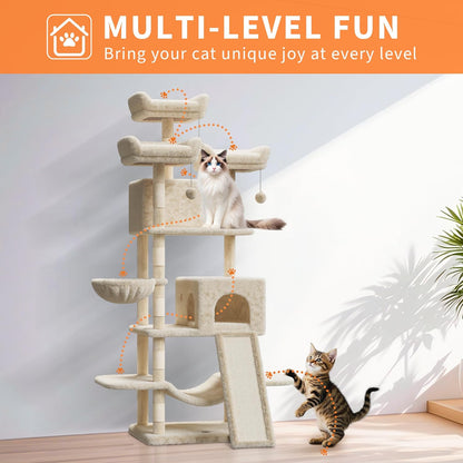 68.5" Heavy Duty Multi-Level Cat Tree Tower for Large Indoor Cats 20 lbs+, Soft Condo, Sisal Scratching Posts, Hammocks, Basket, Dangling Ball, Perches, Activity Platform – Beige, 2605 Model