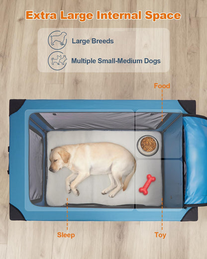 Ownpets 48 inch XXL Collapsible Dog Crate for Large Dogs, Portable Travel Dog Crate, 4-Door Foldable Pet Kennel with Durable Mesh Windows and Soft Mat, Blue