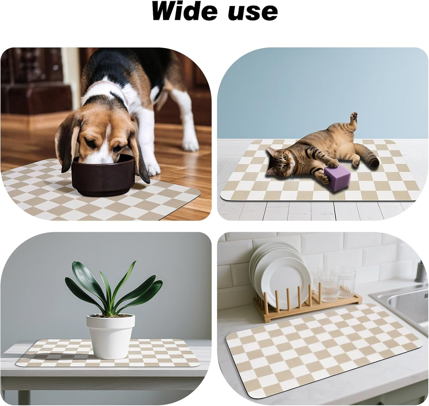 Checkered Dog Food Mat, Absorbent Leak-Proof Pet Feeding Mat, Quick Dry Cat Food Mat for Messy Drinkers 12" x 20" Khaki