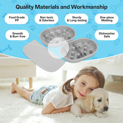 Cat Slow Feeder Bowls and Mat Set for Automatic Pet Care Feeder, YOIHABV 1 Slow Feed Single Bowl, 1 Puzzle Feeding Split Bowl, 1 Mat, Promote Healthy Eating, Non-Slip and BPA-Free, Easy to Clean