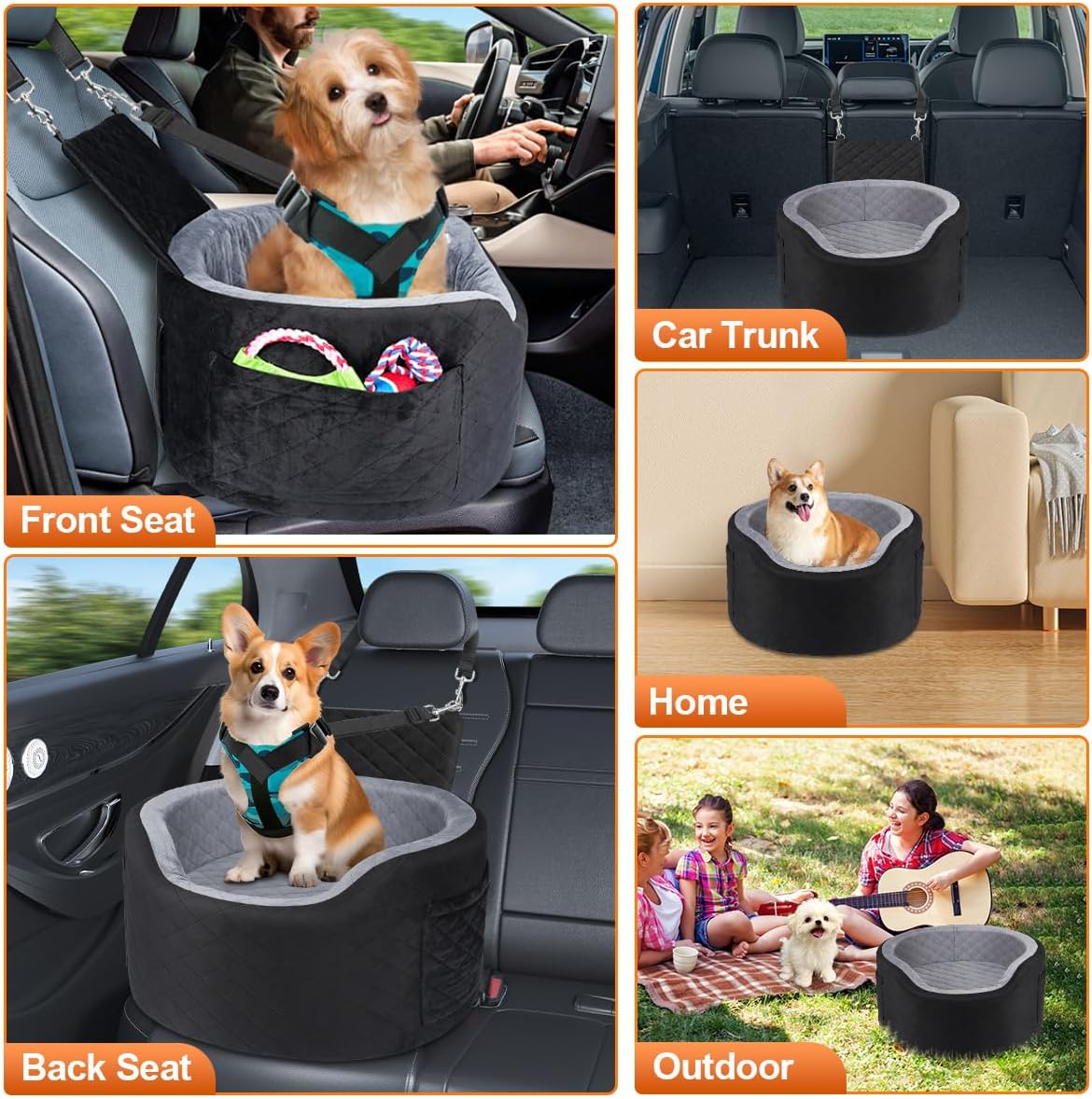 Dog Booster Car Seats for Small Medium Dogs, Fits Dogs Under 19", 28D High-Density Memory Foam with Waterproof Cover, Pet Travel Bed with Storage Pockets, Blanket, Dog Safety Belt, Black