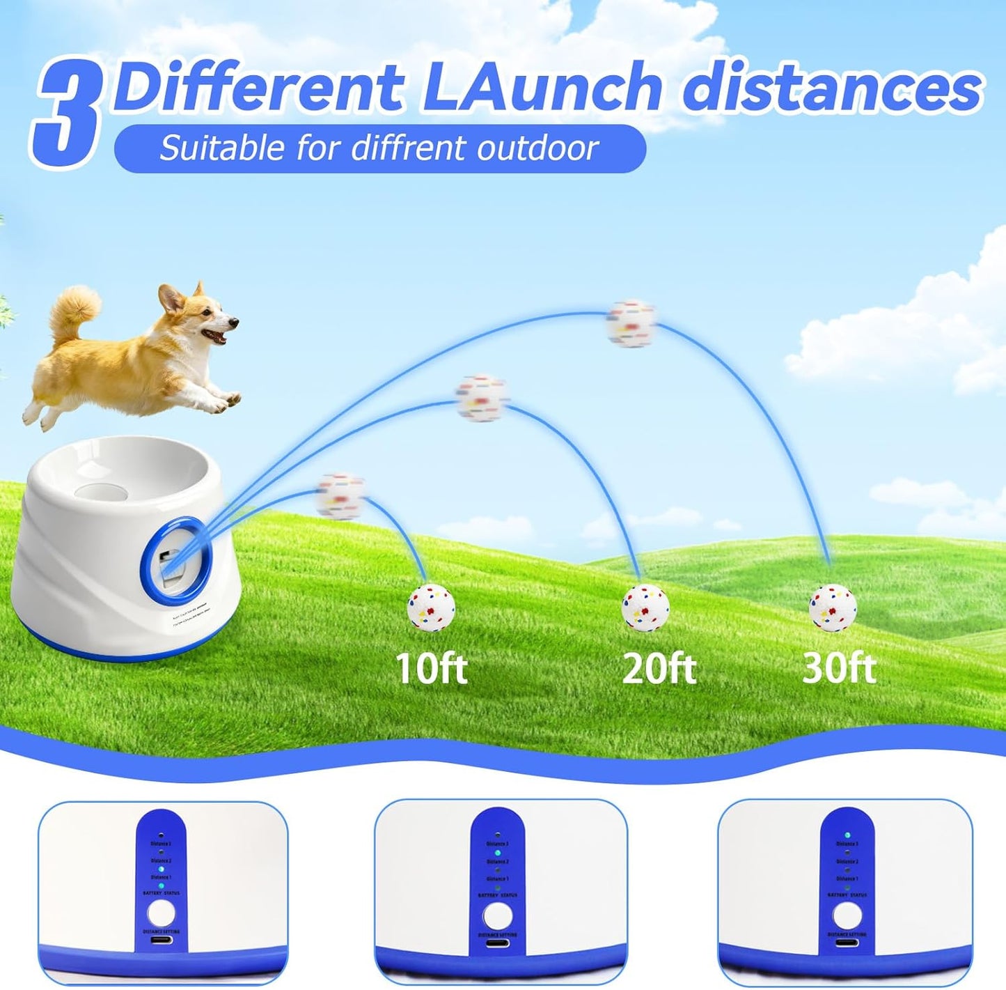 Automatic Ball Launcher for Dogs with 8 Balls - Adjustable Distance up to 50ft,Charger, Whistle & Storage Bag - Interactive Fetch Machine Toy for Indoor Outdoor Play, for Medium Large Breed Dogs.