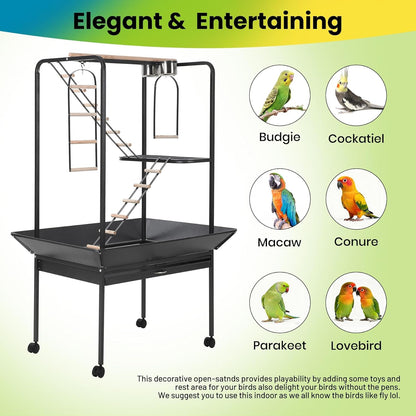 Pet Products Parrot Playstand with Wheels, Bird Cage Stand Activity Play Center with Perches and Ladders, Indoor Outdoor Playground for Birds, Durable Black Hammertone Finish