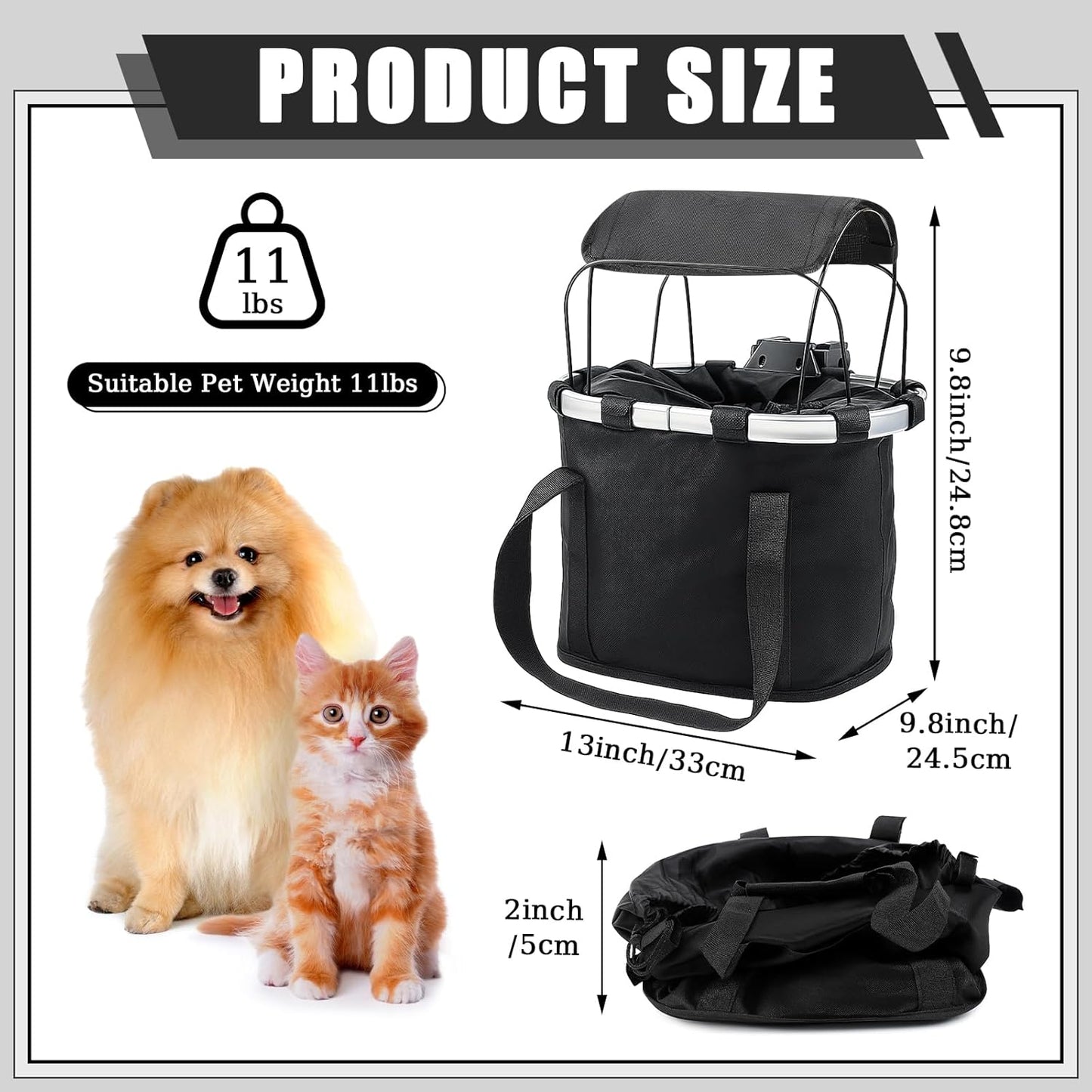 11lbs Dog Bike Basket with Sun Shade Removable Small Pet Cat Dog Carrier Quick Release Bicycle Handlebar Front Basket Detachable Cycling Picnic Bag for Commuting Shopping Camping