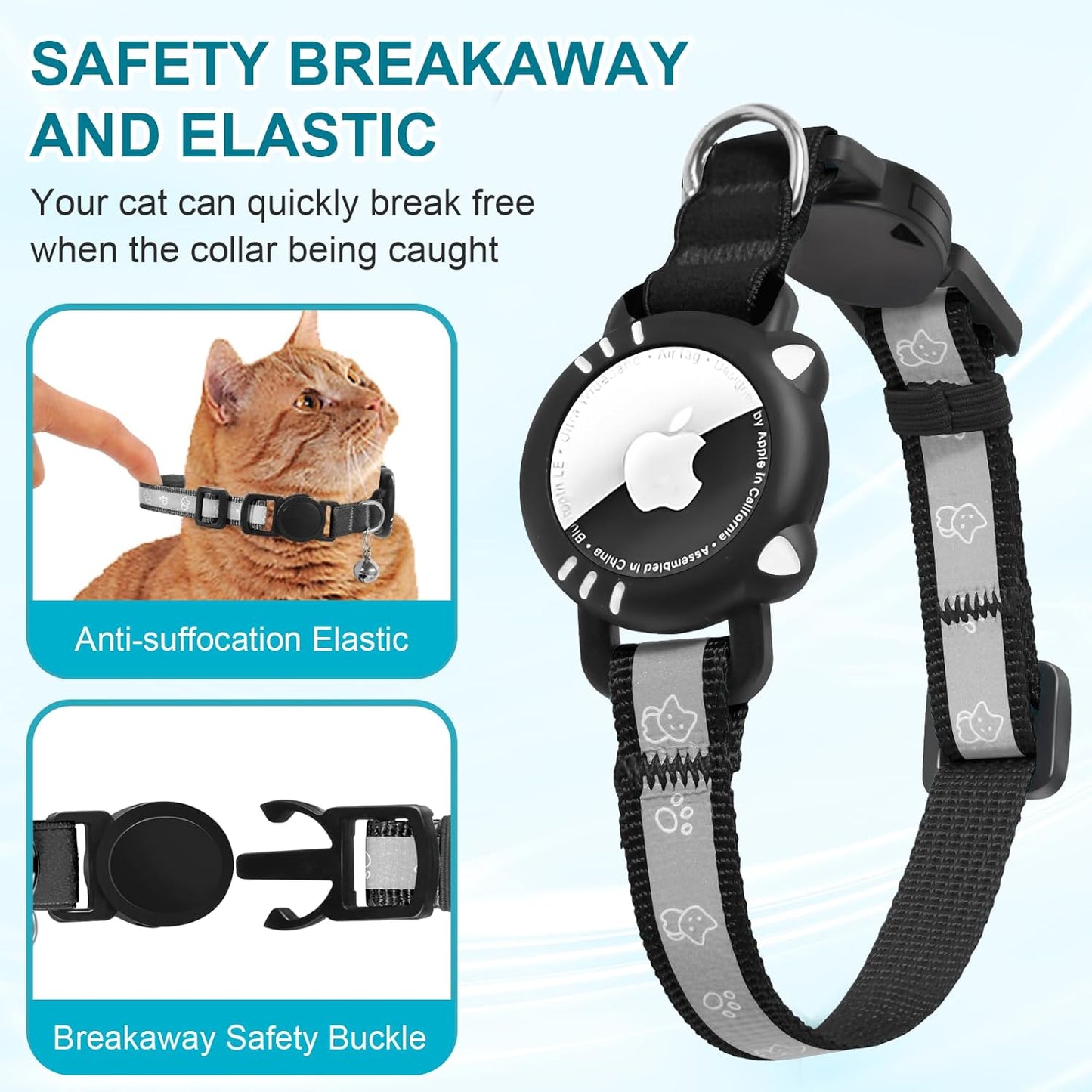 Airtag Cat Collar, Reflective Cat Collar with Apple Air Tag Holder, Breakaway GPS Tracker Pet Collar with Bell for Cat Kitten, Airtag Not Included, Black, S(9-11 Inch)