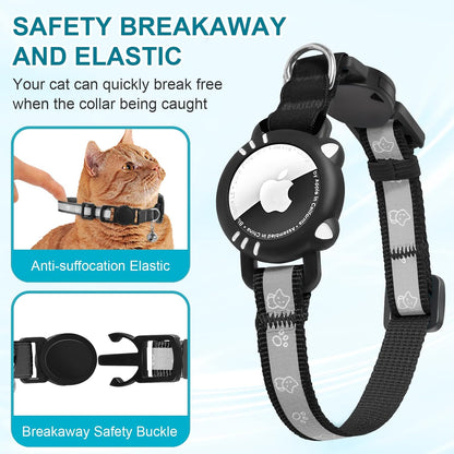 Airtag Cat Collar, Reflective Cat Collar with Apple Air Tag Holder, Breakaway GPS Tracker Pet Collar with Bell for Cat Kitten, Airtag Not Included, Black, S(9-11 Inch)