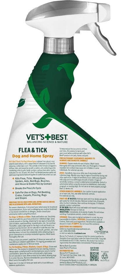 Vet’s Best Flea & Tick Home Spray for Dogs – Plant-Based Flea and Tick Treatment with Cotton Spice Scent – Indoor Flea Spray for Dogs – Made in USA Flea Control for Home Use – 32 oz
