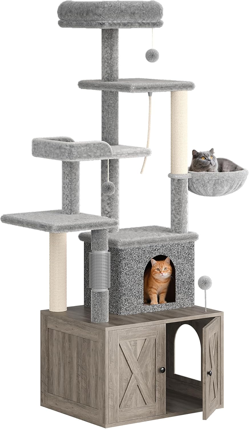 GarveeLife Litter Box Enclosure with Cat Tree, 2-in-1 Modern Cat Tower, Hidden Washroom Furniture, Wood Cat Condo with Scratching Post and Hammock, Indoor Pet Furniture with Multiple Platform, Grey