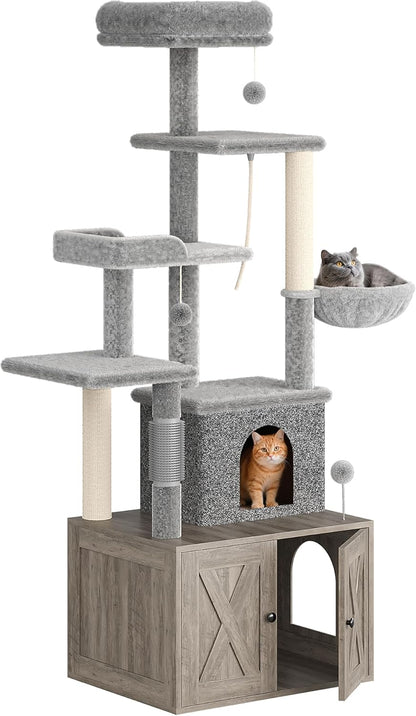 GarveeLife Litter Box Enclosure with Cat Tree, 2-in-1 Modern Cat Tower, Hidden Washroom Furniture, Wood Cat Condo with Scratching Post and Hammock, Indoor Pet Furniture with Multiple Platform, Grey