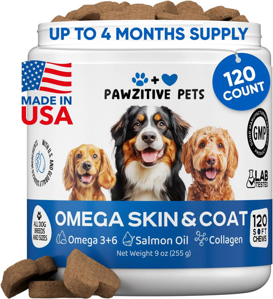 Omega 3 Fish Oil for Dogs Chews - Dog Skin & Coat Supplement for Itch Relief, Hot Spot Treatment - USA Product - Salmon Oil for Dogs Itching Skin Relief, Shedding, Hip & Joint Health - 120 Soft Treats